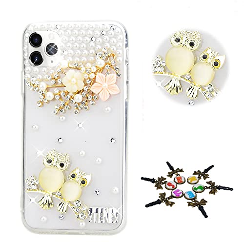 STENES Sparkle Case Compatible with Umidigi A15T Case - STYLISH - 3D Handmade Bling Flowers Night Owl Rhinestone Crystal Diamond Design Girls Women Cover - Champagne