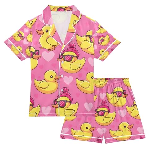 senya Duck with Sunglasses Satin Summer Pajama Sets Silk Short Sleeve Button Down Sleepwear