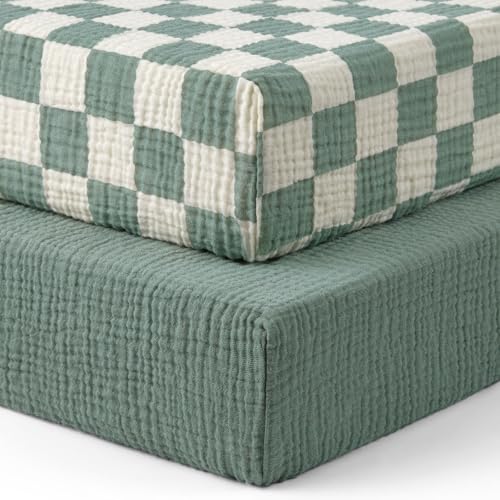 Image of Blissful Diary Muslin Crib Sheets for Girl Boy, Boho Neutral Soft Cotton Baby Sheet for 52''x28'' Standard Crib Mattress, 2 Pack(Sage Checkboard & Sage Green)