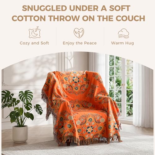 Image of LUTBM Boho Throw Blanket for Bed 60 inchx80 inch, 100% Cotton Orange Couch Blankets
