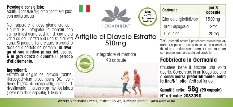 Teufelskralle Extrakt - 510mg - 90 Kapseln - schluckfreundlich - vegan - hochdosiert | HERBADIREKT by Warnke Vitalstoffe - Deutsche Apothekenqualität