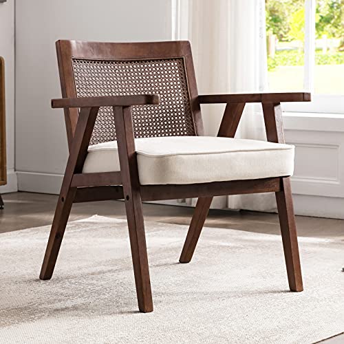 HNY Mid-Century Armchair, Retro Rattan Back Upholstered Accent Chair, Espresso Wood Frames, Large Leisure Slipper Chair for Living Room Bedroom, Beige, Rattan Back + Beige Chenille HNY Mid-Century Armchair, Retro Rattan Back Upholstered Accent Chair, Espresso Wood Frames, Large Leisure Slipper Chair for Living Room Bedroom, Beige, Rattan Back + Beige Chenille