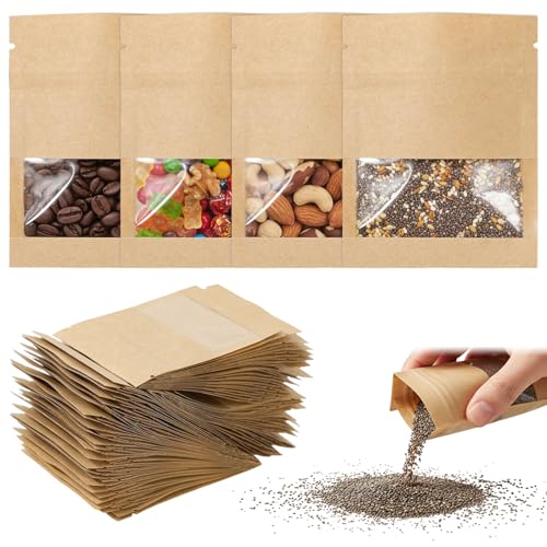 Ulluthu 100 PCS Sachet Kraft Alimentaire avec Fenetre, 7x9CM Sachet Kraft Zip Réutilisables Marron Sachets Krafts Alimentaire Petits Sachets de Graines en...