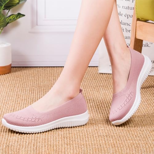 Summer Flat Shoes for Women Wide Fit Orthopedic Walking Shoes Ladies Breathable Mesh Slip on Shoe Comfortable Arch Support Soft Sole Flats Low-Top Round Toe Shoe Hollow Ballet Pumps Flats Pink - Image 2