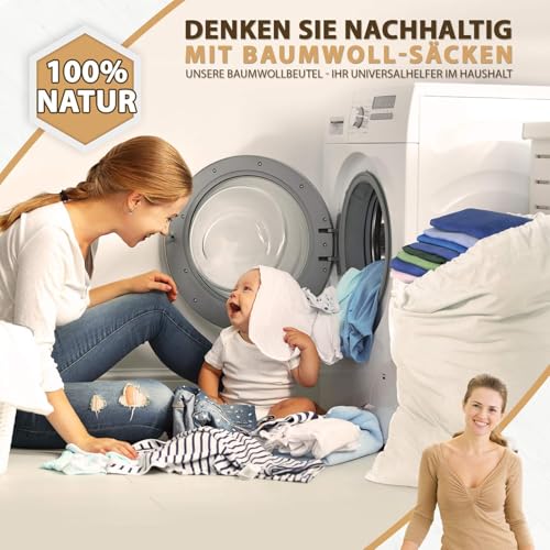 ELES VIDA® - XXL Wäschebeutel 2 Set 70x90cm aus 100% Baumwolle Natur - Extra große Heavy Duty Wäschesack - langlebig, Mit Kordelzug, Reise Wäschesammler Wäschebox Kleidersack Aufbewahrung
