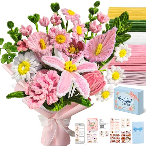 Pipe Cleaner Flower Kit- 400PCS Pink Lily Tulip DIY Chenille Stems Bouquet Crafts with Video Tutorial - 8mm Fluffier Fun Craft Pipecleaner Flowers Gift for Teacher Appreciation Bestie Family Bonding