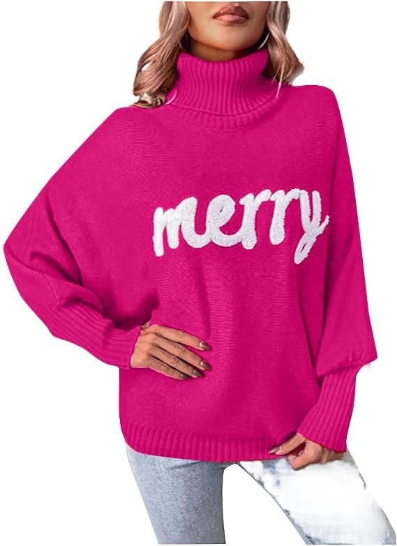 Christmas Sweaters for Women Merry Sweater: Oversized Turtleneck Sweaters 2025 Long Batwing Sleeve Xmas Pullover Tops