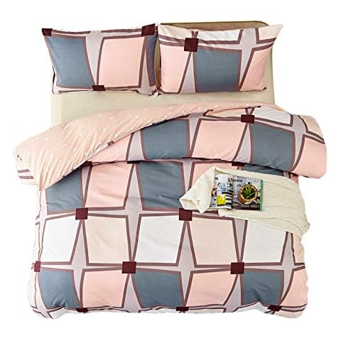 Double Duvet Covers Set Plaid Grid Pink Bedding Set Double Bed 3 Pcs Microfiber Quilt Duvet Cover with Zipper Closure and Corner Ties (200×200+2×50×75cm) Cover