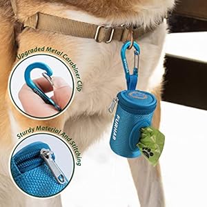   Dog-Poop-Bag-Holder-for-Leash-Doggie-Waste-Bag-Dispenser-Soft-Fabric-Puppy-Potty-Carrier-Small-Doggy-Zipper-Pouch-with-Carabiner-Clip-1680D-Nylon-Oxford-with-1-Roll-of-Pet-Trash-Bags-Sky-Blue