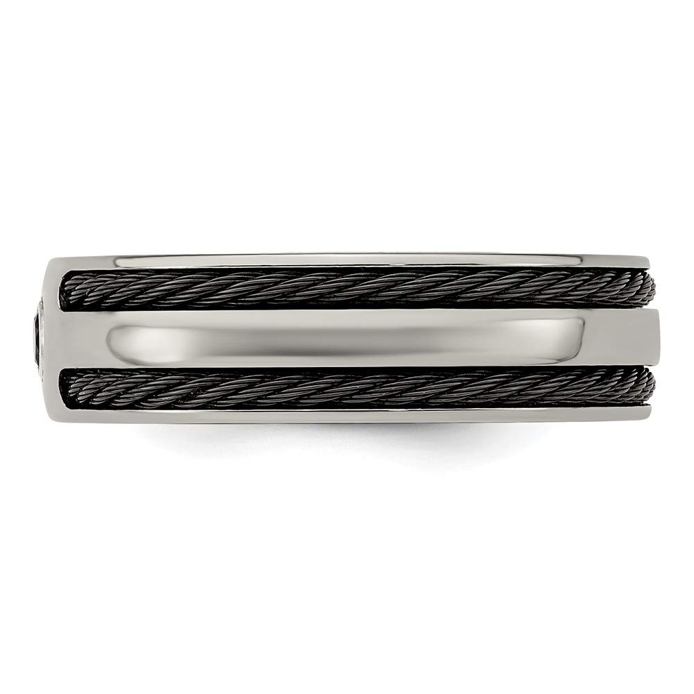 Titanium Black Cable Sterling Silver Bezel Black Spinel 7mm Wedding Band - Size 10