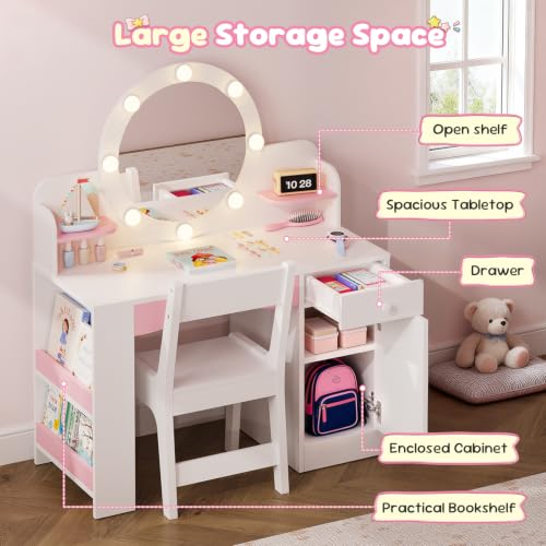 Image of Teckid Kids Vanity Table and Chair Set with Lighted Mirror Storage Drawers Shelves for Little Girls | Open Bookshelf, Shelves, Drawers and Storage Cabinet