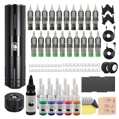 LIUMATE Kit de Tatuaje Inalámbrica Kit de Máquina de Tatuar Rotativa Completo,Batería de 1800 mAh Fuente de Alimentación 20Pzs Agujas de Tatuaje for Principiantes y Artistas del Tatuaje