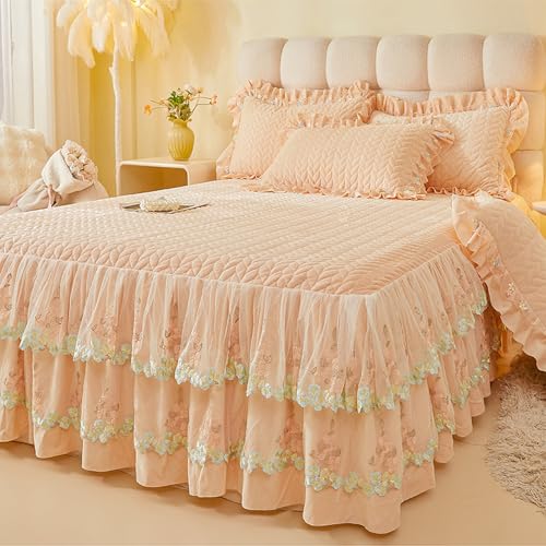 Fzigenle ベッドスカート 2点枕カバー 200*220 フランネル キルティング 中綿 上品 厚め 姫系 レース ベッドカバー 秋冬 暖かい フリル 柔らか ダブル マットレスカバー カラーb14 中綿ベッドスカート 静電気防止 洗える きれいめ