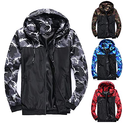 Preisvergleich Produktbild Herren Windbreaker mit Kapuze Leicht Winddicht Schnell Trocknend Reißverschluss Camouflage Windbreaker - Grau - XX-Large
