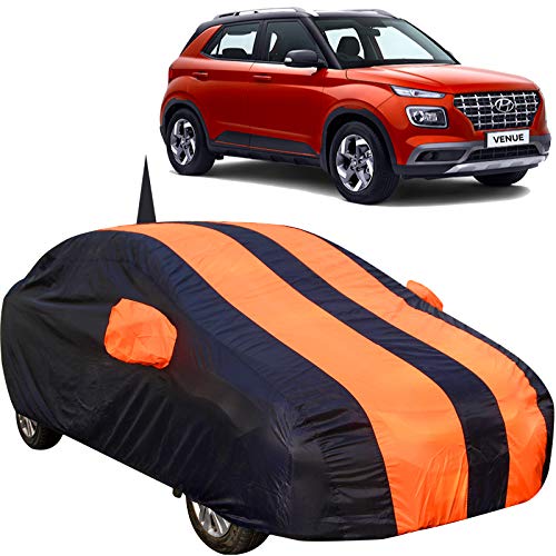 Image of 190 Taffeta Water Resistant Car Body Cover Compatible with Hyundai Venue with Mirror & Antenna Pockets (Orange /Navy Blue)