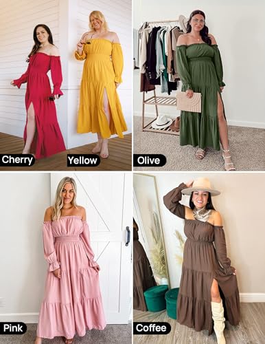 ZESICA Women's 2025 Boho Sexy Off Shoulder Long Sleeve Smocked High Waist Side Split Flowy A Line Tiered Long Maxi Dress - Image 7
