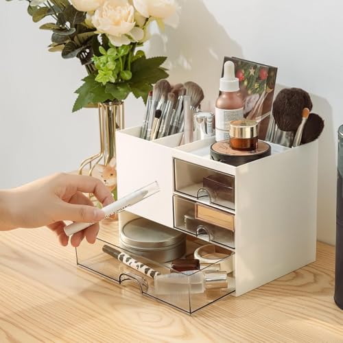 Image of Desk Organizer with 3 Drawers Multi-Functional Pen & Pencil Holder with Storage Compartments, Tabletop Office Supplies Organizer Home & Office Desk Accessories