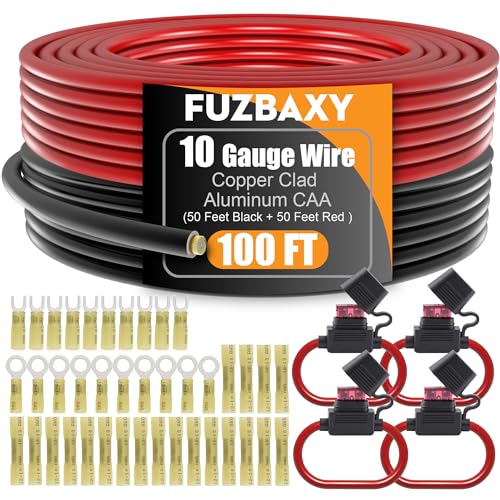 10 Gauge Wire (50Feet Black+50Feet Red) Copper Clad Aluminum Electrical Wire with Fork Spade Butt Splices Wire Terminals,Heat Shrink Tubing for Speaker,Automotive Outdoor Marine RV
