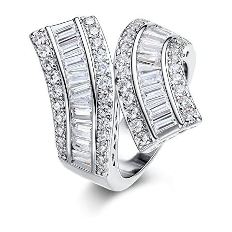 OPOMOMO 18K White Gold Plated Baguette Lab Diamond Wide Band Cocktail Ring,Double-Band Curved Ring Unisex Adults 5 Cover
