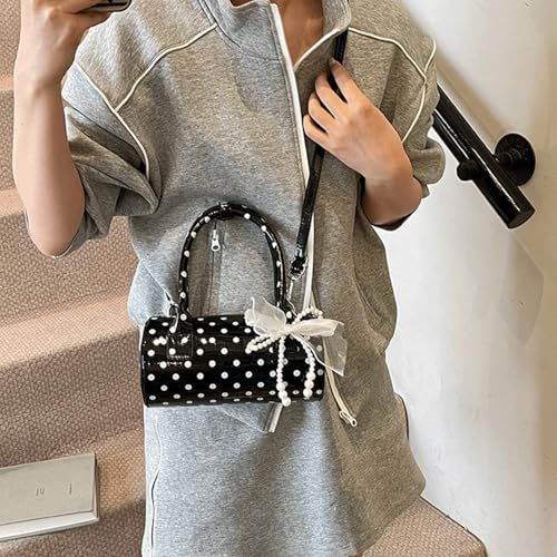 Polka Dot Purse Retro Crossbody Barrel Bag with Pearl Bow Mini PU Leather Top Handle Shoulder Handbag for Women4