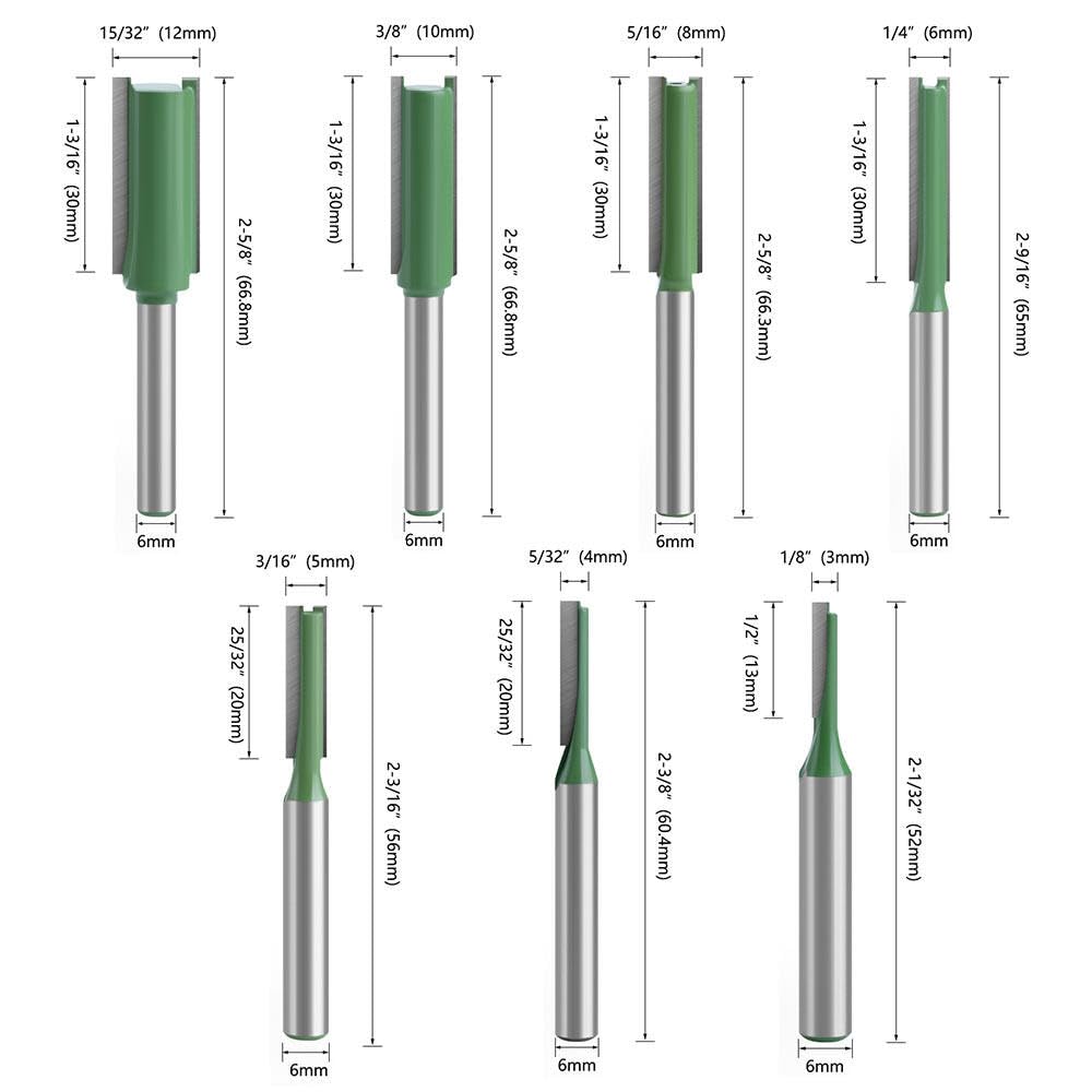 7 Pezzi Set Frese per Legno, Punte Fresa Verticale Diritti, Gambo da 6 mm, Gambo Fresa Set, Doppio Flauto Punte per Router, per Lavori Fai Da Te Falegnameria - Diametro di 3 4 5 6 8 10 12 mm