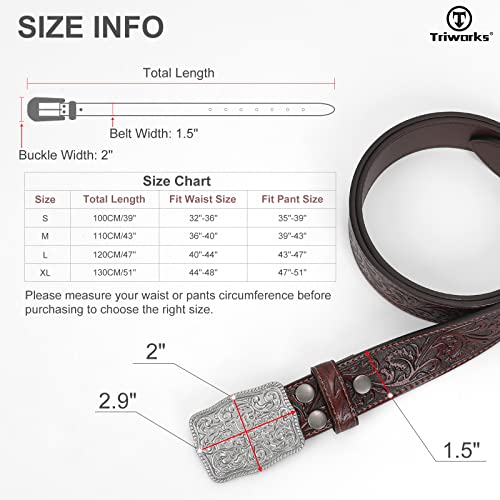 Triworks Western Belts For Women Men Cowgirl Cowboy Embossed Engraved Tooled Leather Belt With Buckle For Jeans Pants Rodeo,B-Coffee,Fit Waist Size 32"-36" #TOP6