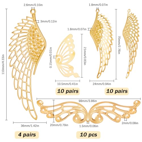 SUNNYCLUE 1 Box 58Pcs Gold Filigree Connectors Filigree Charm Pack Filigree Embellishments Filigree Angel Wings Hollow Wing Charms Connector Charms for jewellery Making DIY Earrings Bracelet Necklace - Image 2