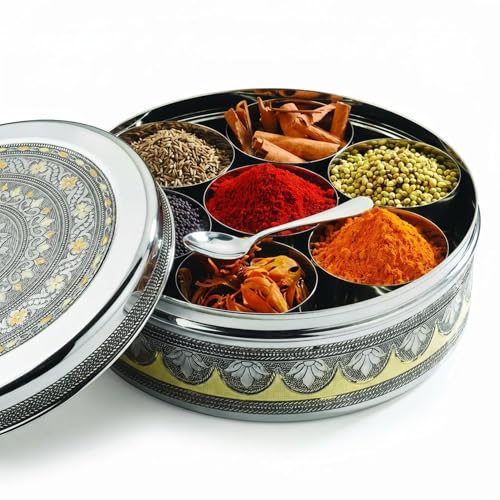 Bub Designer Spice Tin Masala Dabba 22.5cm | Handmade India | 7 Pots