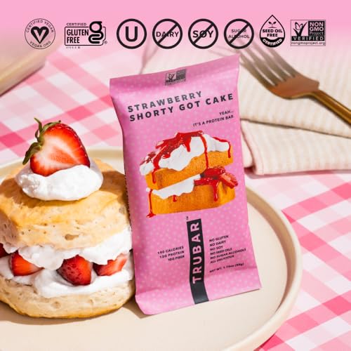 Image of TRUBAR Vegan Protein Bar, Strawberry Shorty Got Cake, Gluten Free, Plant Based Protein, Dairy Free, Non GMO, Soy Free, No Sugar Alcohols, 12G Protein, 12G Fiber, 23G Carb, On the Go Snack Bars, 12 CT