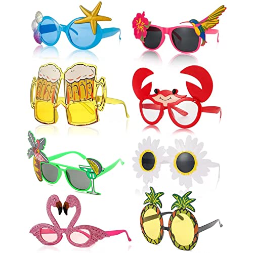 Yomaido 8 Paires Hawaii Lunettes de Soleil, Lunette Drole Tropical Nouveauté pour pour Adultes Enfants, Lunettes de Fête Lunettes Fantaisie pour Fête Déguisée Summer Beach Cover