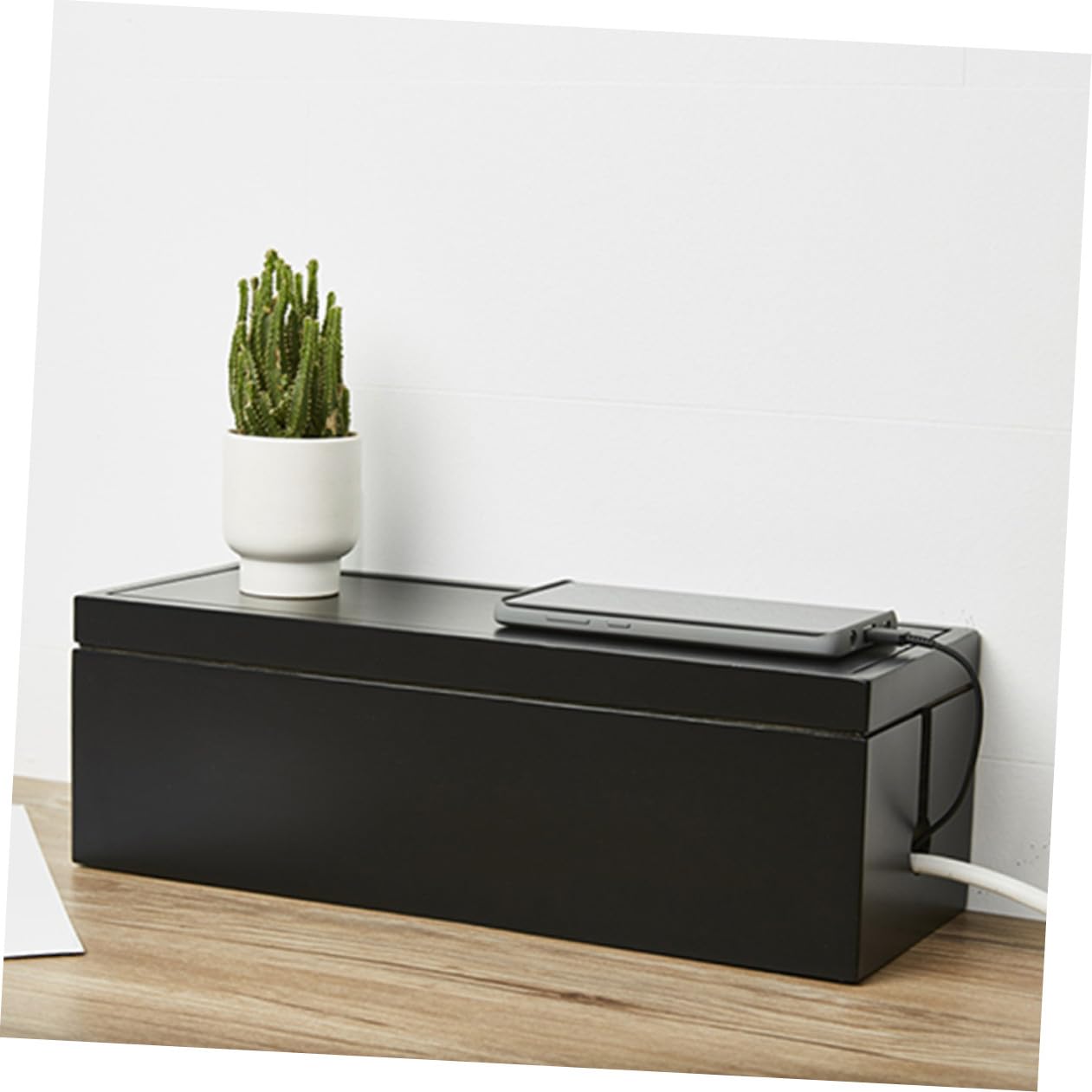Zerodeko Boîte de Rangement pour Câbles en Bois Massif Noir, Grand Format, Gestionnaire de Ligne Électrique pour Organisation Maison et Bureau, Compatible Multiprises et Chargeurs,