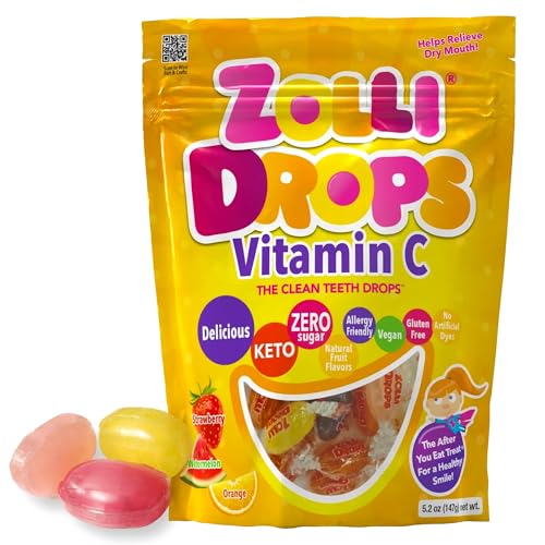 Zolli Drops Vitamin C Clean Teeth Candy Sugar-Free with Xylitol Dye-Free Keto & Diabetic-Friendly Dentist-Approved Treats for Kids (Natural Fruit Flavors 5.2 oz)