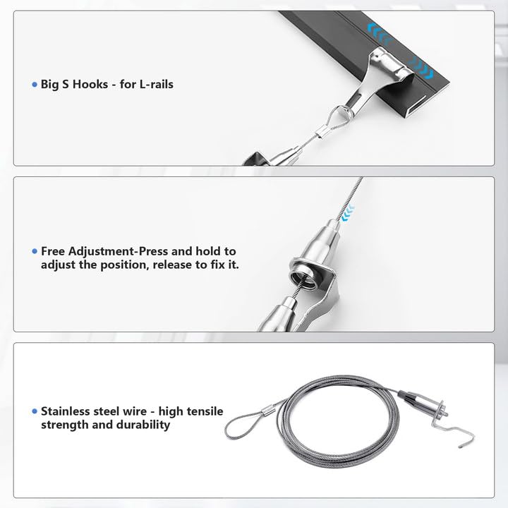 Image of One Wire for 8 Frame Hanging System, 10FT Stainless Steel Wire with 8 Pcs Adjustable Picture Rail Molding Hanger