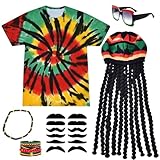 YAEGIMHT 6-Teiliges Rasta Kostüm Set, Rasta Kleidung, Reggae Outfit,Dreadlocks Perücke, T-Shirt, Geflochtenes Armband, Brille, Halskette, Falscher Bart, Geeignet für Halloween und Cosplay