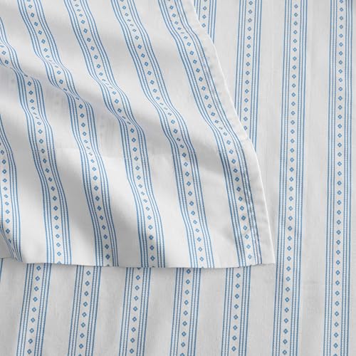 Image of Martha Stewart - Full Size Sheets Set, Crisp & Tailored Cooling Sheets with a Smooth Cotton Percale Lightweight Feel - Bed Sheets with Matching Pillowcases & Fitted Sheet (Francesca Stripe Blue)