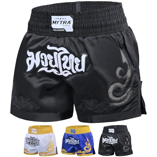 Mytra Fusion Shorts de Muay Thai Homme Shorts de Boxe thaï Short de Combat en Cage pour l'entraînement MMA Grappling et Arts Martiaux (Black, 3XL)