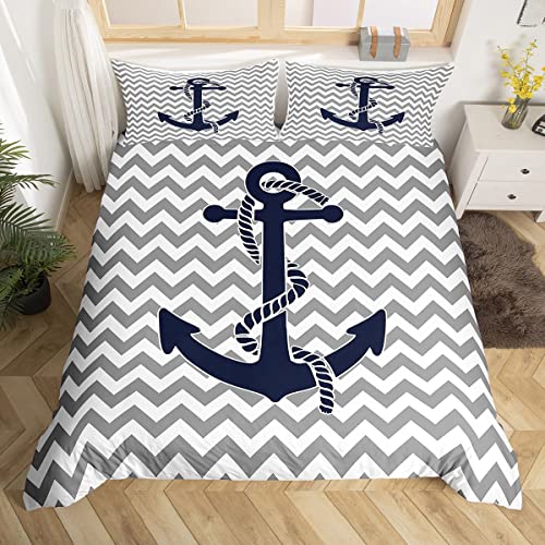 Nautical Anchor Duvet Cover Queen Size,Geometric Gray Stripe Bedding Set for Kids Teens Adults Room Decor,Ocean Adventure Comforter Cover Modern Abstract Quilt Cover No Down Filling,2 Pillowcases