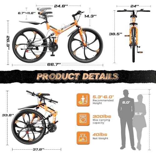 Image of Outroad 26 Inch Folding Mountain Bike, 21 Speed Full Suspension High-Carbon Steel MTB Foldable Bicycle, Dual Disc Brake Non-Slip Adjustable Seat Folding Bikes for Adults /Men /Women, Black, Orange