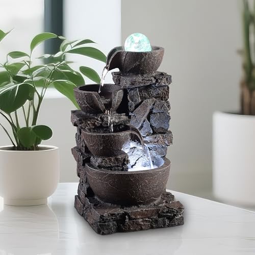 Tabletop Fountain Indoor Stone Four Bowls Waterfall Natural River Rocks Home Décor Decorated Colorful Cold RGB Lights Rolling Ball (23066)