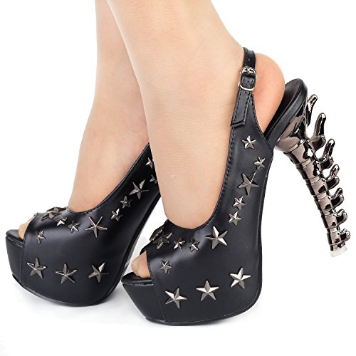 SHOW STORY Black Peeptoe Star Stud Sling Back Platform Bone Heel Pumps,LF806334