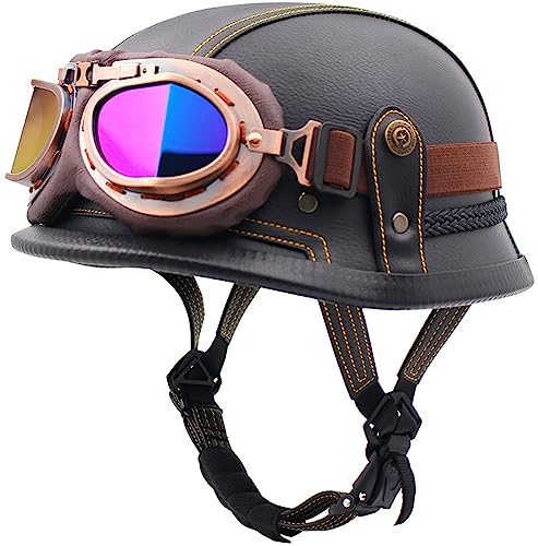 Demi-Casque De Moto De Style Allemand Casque de Moto Vintage Cuir Certifié ECE Casque de Moto Jet pour Moto Vélo Scooter Équitation C,M=56-57CM