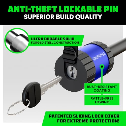 Image of Rhino USA 2 inch Trailer Hitch Pin - Patented Locking Receiver Pin for Class III /IV Hitches - Weatherproof, Anti-Theft, Debris-Protected - Tow Truck Ready - Blue 1PK
