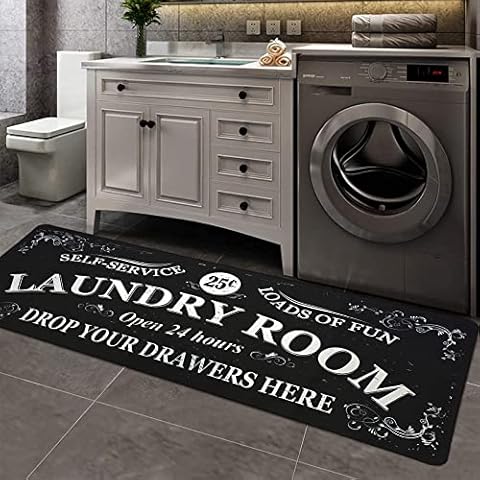 Mosytuky Laundry Room Rug Runner 20"x59" Non Slip Laundry Rugs for Laundry Room Decor Washable Floor Mat for Mudroom Bathroom Hallway Kitchen Floor Laundry Room Decor Accessories(Black-1) Cover