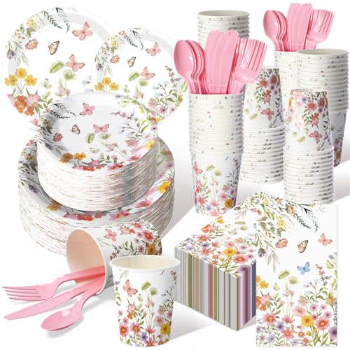 Sinmoe 400 Pcs Pink Floral Plates and Napkins Set Paper Spring Butterfly Wildflower Dinnerware Disposable Party Supplies for 50 Guest Flower Dinnerware Knife Fork Spoon for Spring Birthday Baby Shower by Sinmoe - Used condition - US$25.52