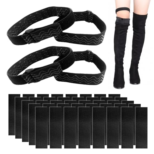 MIVAIUN Kniestiefelriemen,2 Paar Stiefelriemen plus 40 Stück Gummi Backing Tape Sticker, Rutschfester Riemen,Overknee Halterung,Rutschfeste Stiefel Fester,zur Absturzsicherung(Schwarz)