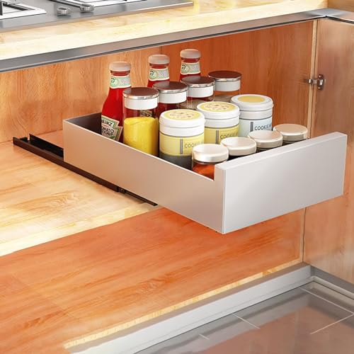 JKJZSALJ Kitchen Drawer Organizer With Rails Extendable Sliding Cabinet Shelf For Cupboard Drill Free Telescopic Storage Shelves Pull Out Drawer For Kitchen 35Cm,White,30cm