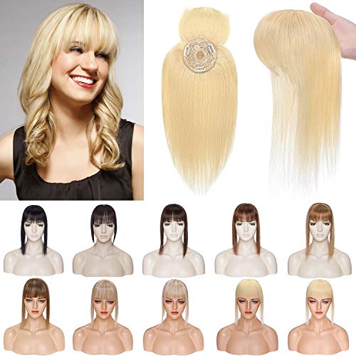 S-noilite Clip In Human Hair Toppers with Bangs 150% Density Clip on Top Hairpiece Mono Base Wiglet For Women with Thinning Hair/Gray Hair/Short Hair/Hair Loss 12Inch 35g #613 Bleach Blonde