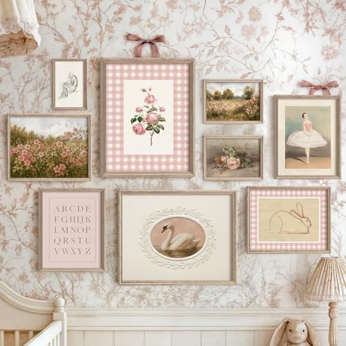 Vodefoad Pink Nursery Wall Art Set Retro Baby Girl Nursery Wall Decor Cute Kids Room Decor Swan Rabbit Landscape Canvas Painting Vintage Girls Gallery Art Antique Pink Nursery Poster for Kids Bedroom, Nursery Room Decor- Unframed