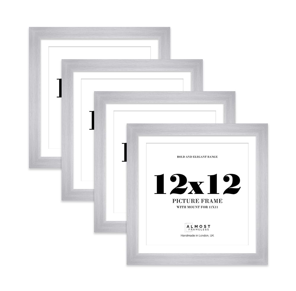 12x12" Silver Square Frame With Mount for 11x11" Pictures 28mm Edge Frame Display with Wall Hooks and Kickstand, 4 Pack