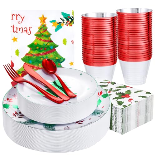 Festiva 176Pcs Christmas Plastic Plates Heavy Duty- Christmas disposable Dinnerware Set-include 50Plates 25Plastic Silverware 25Cups 25Holly Berry Napkins Festiva 176Pcs Christmas Plastic Plates Heavy Duty- Christmas disposable Dinnerware Set-include 50Plates 25Plastic Silverware 25Cups 25Holly Berry Napkins